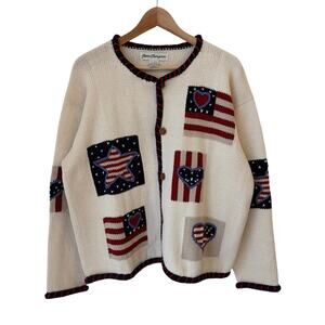 Vintage Norm Thompson American Flag Cardigan Sweater L Chunky Americana